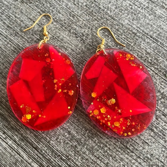 XMAS Handmade Festive Large Holiday Earrings Red Oval - Picture 5 of 9